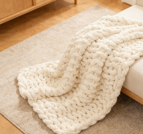 Beige Jumbo Chenille Chunky Knitted Throw Blanket (Pack of 5)