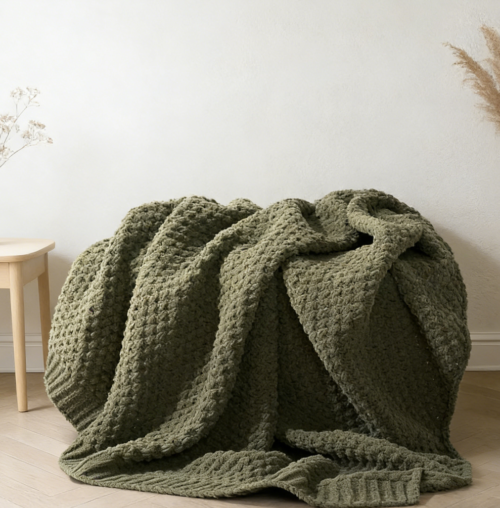 Olive Green Moss Stitch Chunky Knitted Blanket (Pack of 5)
