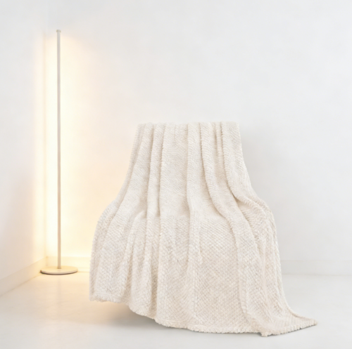 Ivory Fluffy Jacquard Knitted Throw Blanket (Pack of 3)