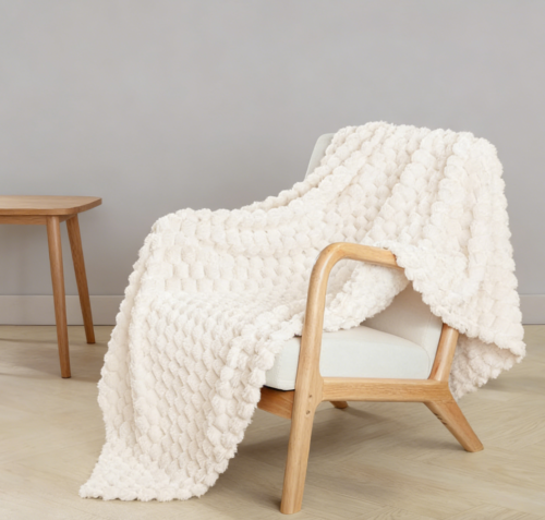 Ivory Plush Knitted Throw Blanket (Pack of 3)