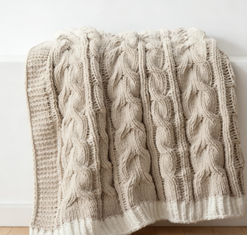 Beige Chenille Chunky Knitted Throw (Pack of 4)