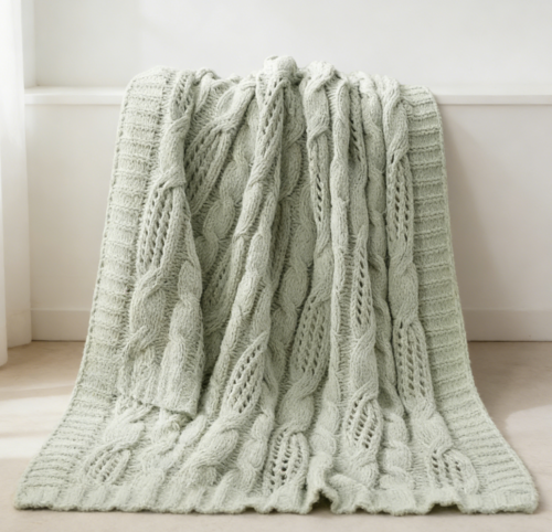 Sage Green Dual-Sided Chenille Knitted Blanket (Pack of 4)