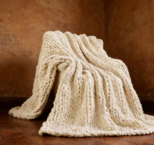 Ivory Hand Knitted Chenille Throw Blanket (Pack of 4)