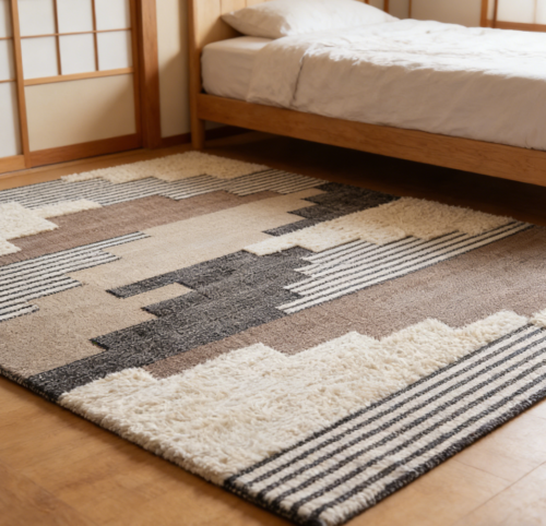 Black and Ivory Patterned Wool Knitted Yarn Rug
