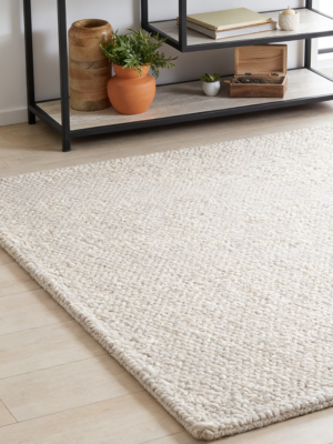 Beige and Ivory Handmade Wool Knitted Yarn Rug