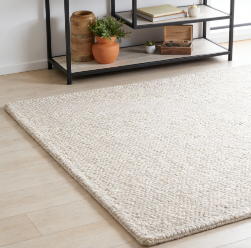Beige and Ivory Handmade Wool Knitted Yarn Rug