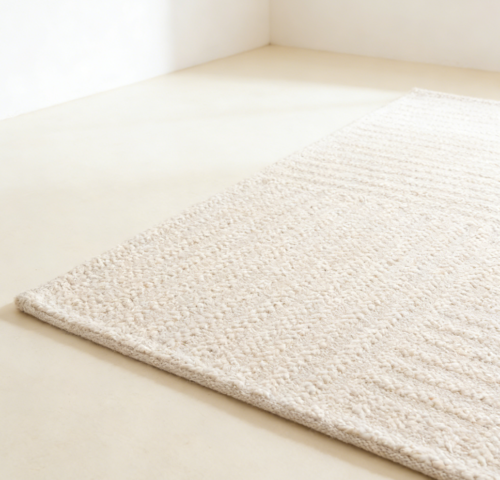 Ivory Geometric Handmade Wool Knitted Yarn Rug