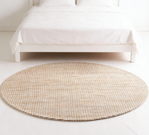 Natural and Ivory Round Jute and Wool Knitted Yarn Rug