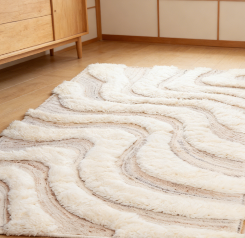 Ivory and Beige Thick Pile Handmade Wool Knitted Yarn Rug